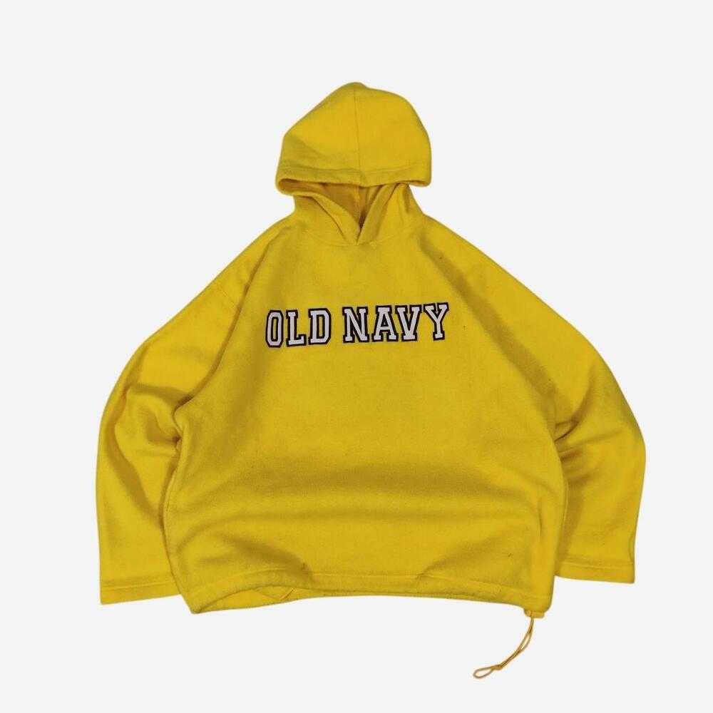 Yellow vintage Old Navy fleece hoodie with embroidered spellout